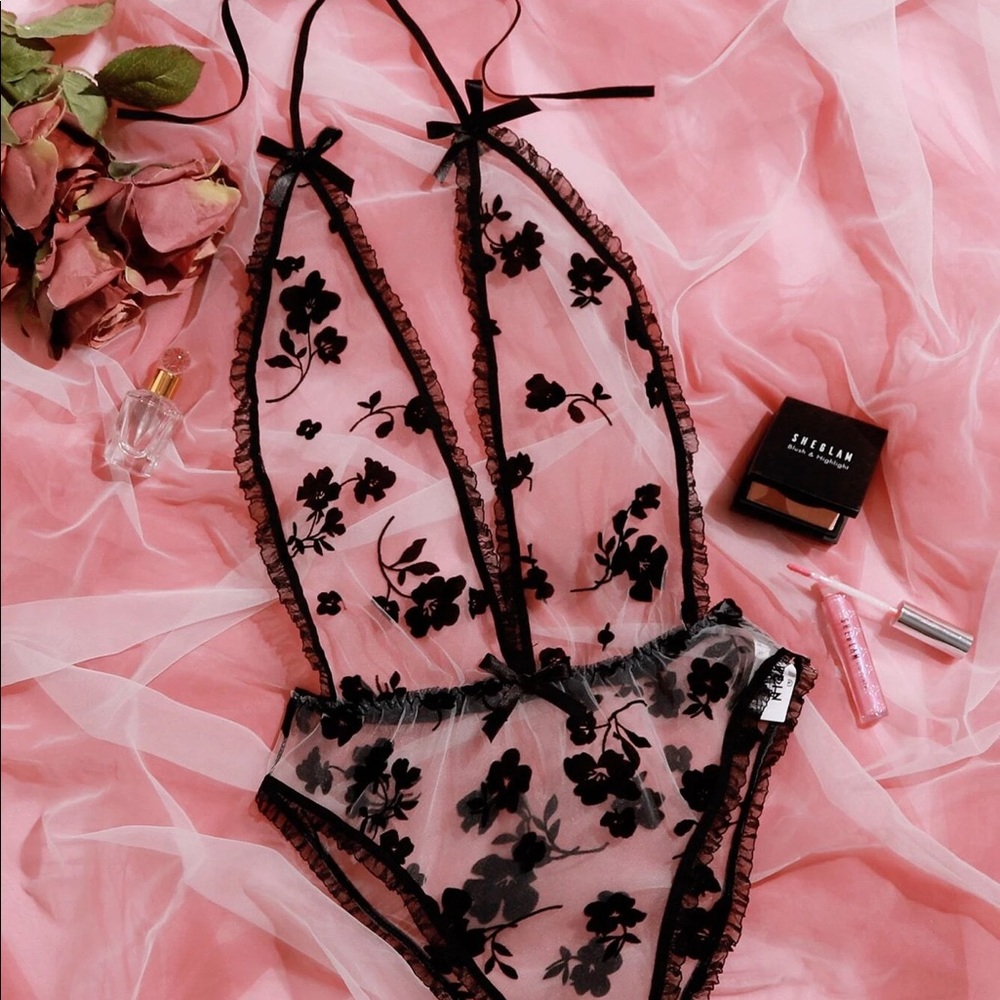 Floral Mesh Plunging Teddy Bodysuit